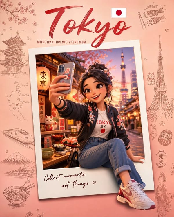 Create a premium collectible travel poster in a cute stylized 3D cartoon/Pixar-inspired aesthetic. prompt example