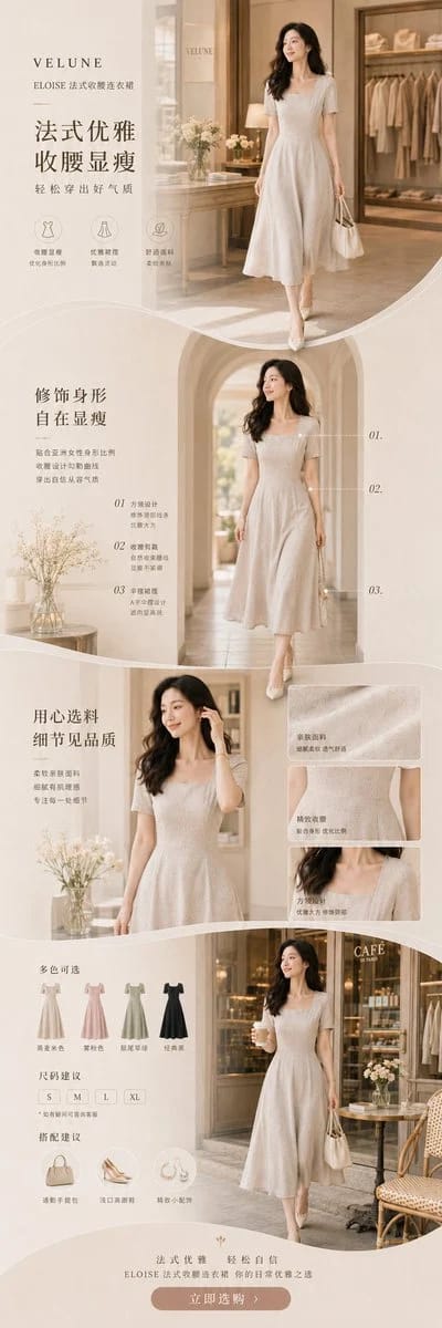 先生成一张“完整长详情页总稿”，而不是 4 张独立海报。 prompt example