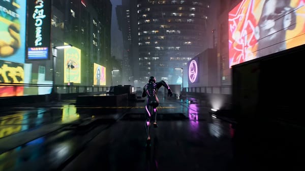 Cinematic cyberpunk video game cutscene, high-speed parkour across collapsing futuristic city r…