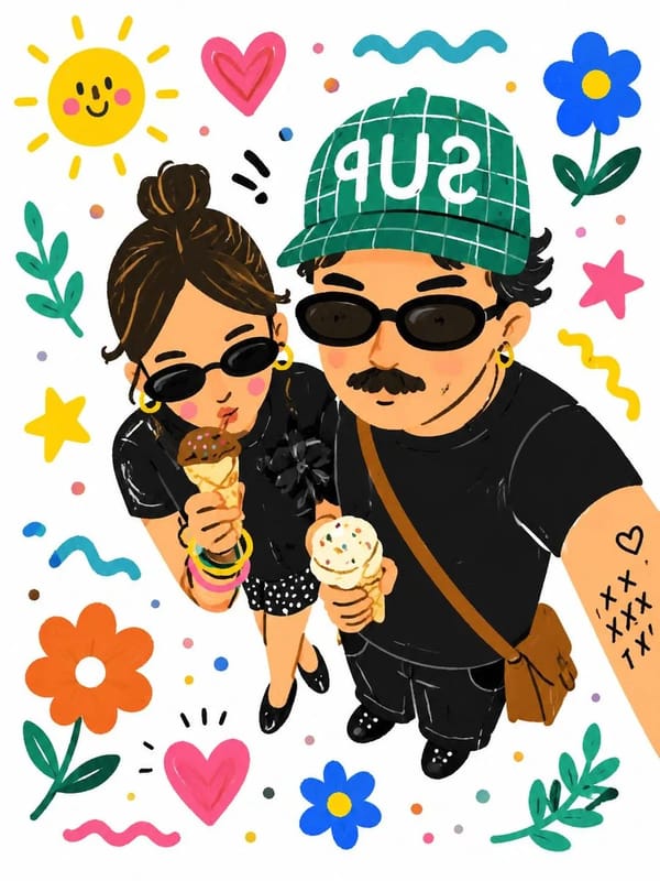 Turn this real-life selfie into a playful hand-drawn cartoon illustration, cute doodle art style, t… prompt example