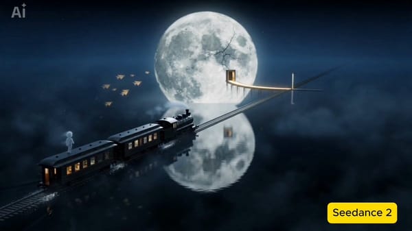 A black steam train moves slowly across an endless ocean at night, its rails floating just abov…