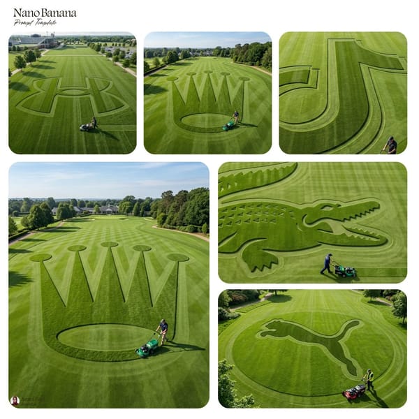 Create an ultra-detailed hyper-realistic aerial landscape photograph of an expansive green lawn…