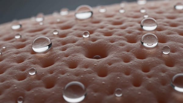 Extreme macro shot of human skin under soft clinical light. At this scale, pores resemble crate…