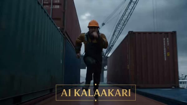 Subject: A dock worker in rain-soaked work clothes, sprinting for his life through a storm-ravaged… prompt example