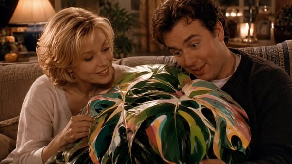 scene from a 1990's sitcom the man cracks a joke about the monstera plant not thinking AI can be fu… prompt example