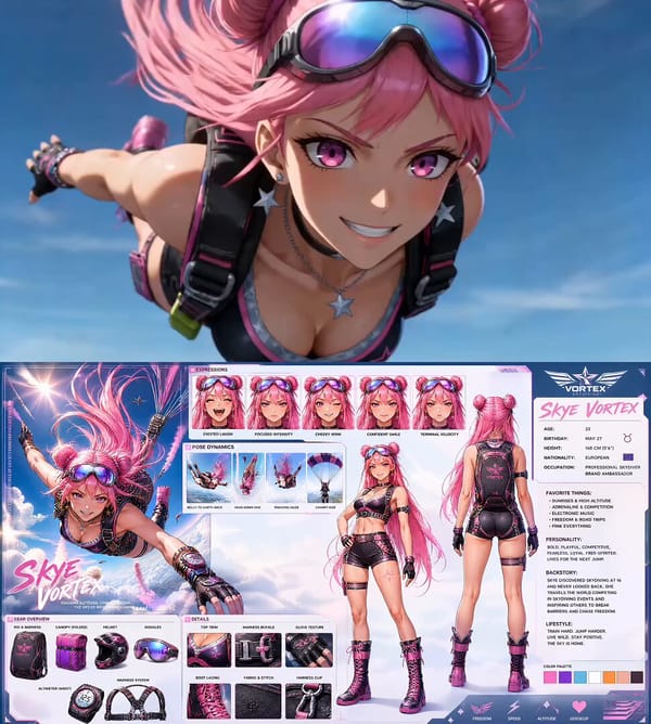 Create an ultra-dynamic anime cinematic skydiving video featuring Skye Vortex from Image 1. Pre…