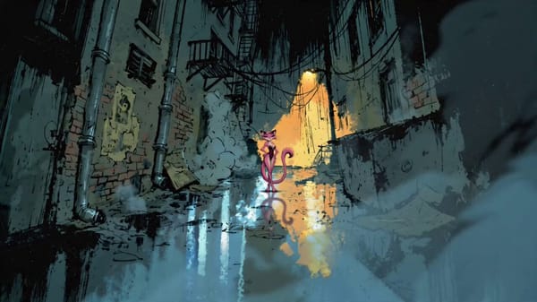 0–2s: Wide low-angle alley establishing shot. Velvet stands centered on rain-slick pavement, on…