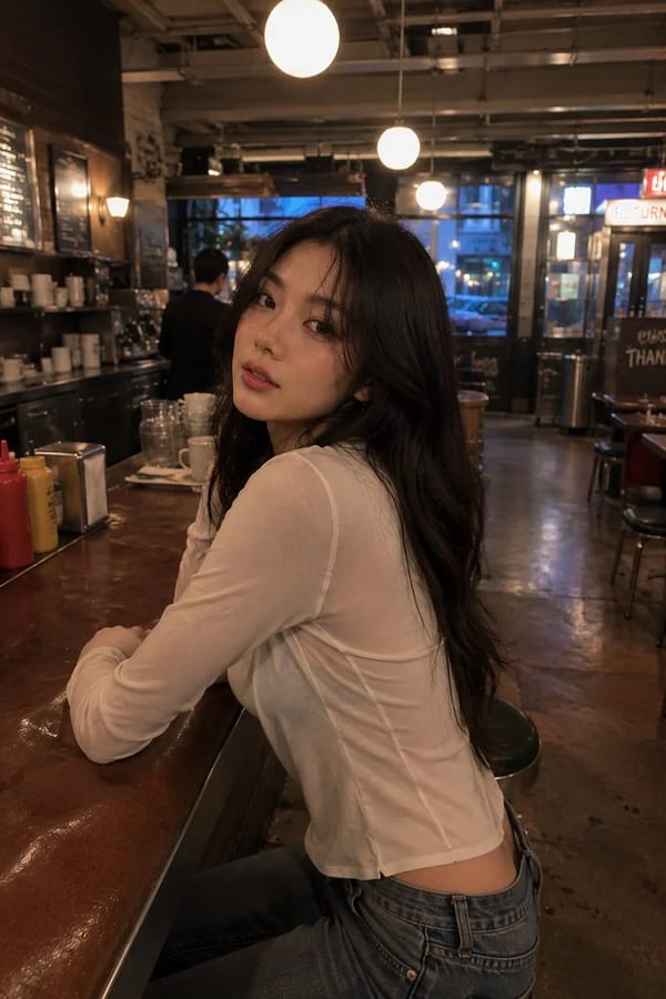 Ultra-realistic candid lifestyle photograph of a stunning young woman inside a stylish independent… prompt example