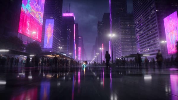 Style: 3D cinematic cyberpunk sci-fi, stylized realism, vast neon-drenched megacity at night, d…