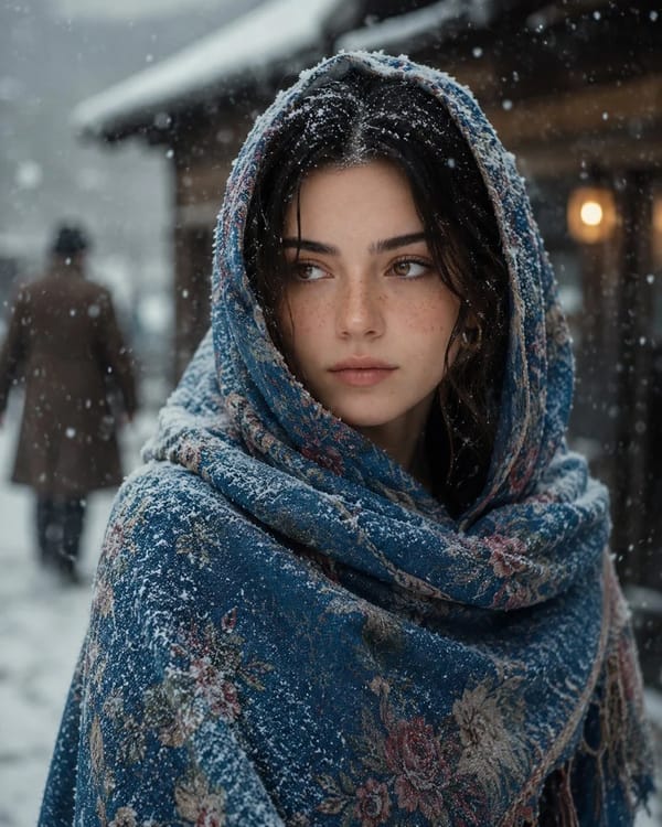 A cinematic portrait of a young woman standing in a snowy village, softly falling snowflakes su…
