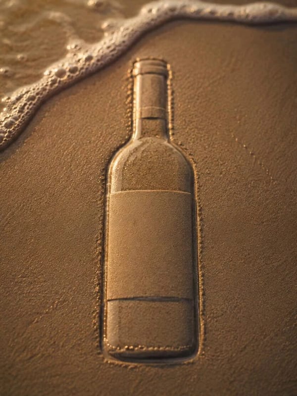 "Fixed top-down shot, the product is lying flat on wet sand. A wave quickly flows in from the t…