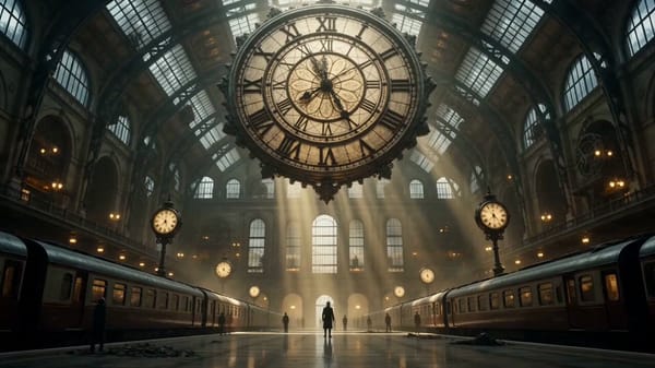 15-second ultra-cinematic sci-fi fantasy transformation sequence inside an abandoned train stat…