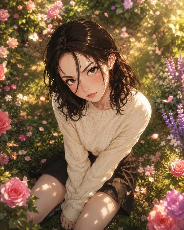 A breathtakingly beautiful young anime woman sitting gracefully in a lush spring garden, viewed…