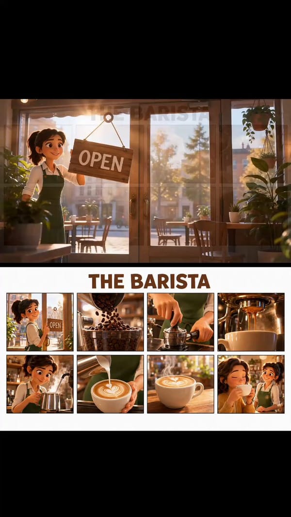 Use the attached THE BARISTA storyboard image as the exact visual reference. Create a 12-second…