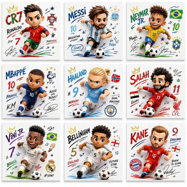 Create a collection of 9 square poster illustrations featuring famous football players in a cute ch… prompt example