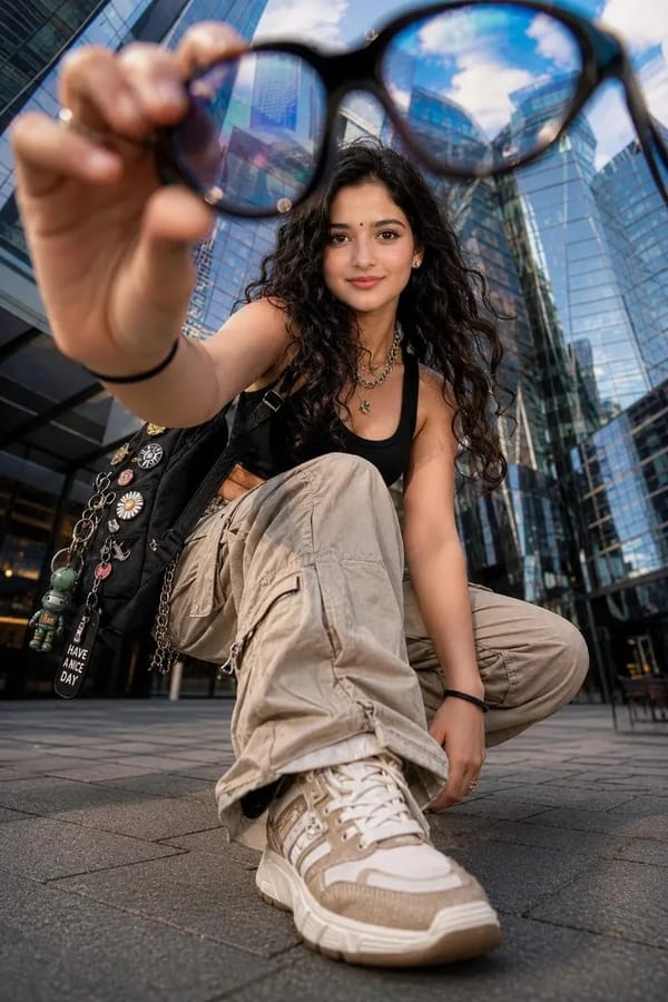 Ultra-realistic street-fashion editorial photograph captured from an extreme low-angle perspect…