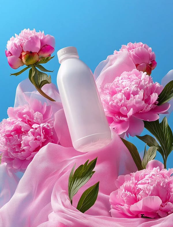 Product photography, "". photograph of a white plastic matte bottle-jug surrounded by pink peonies,… prompt example