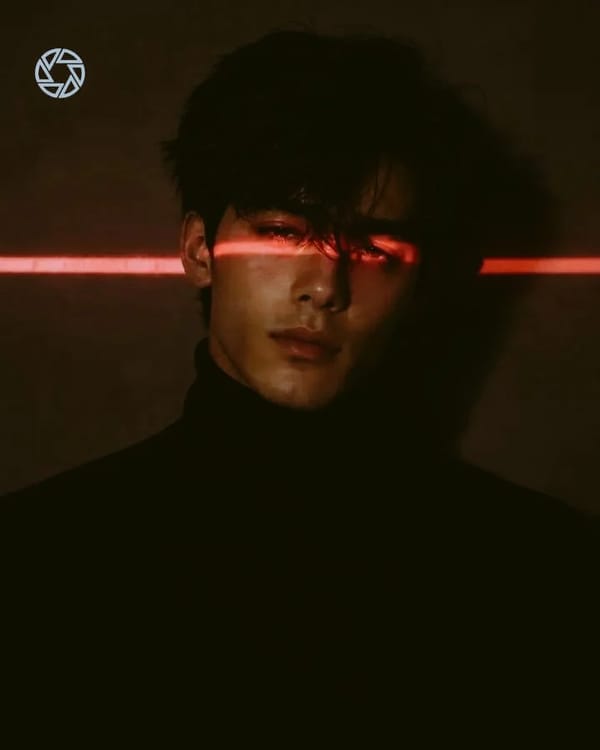 Ultra-realistic cinematic portrait of a young East Asian woman/man wearing a black fitted turtl…
