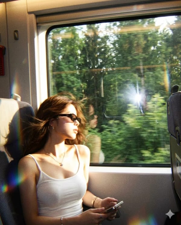 A candid quiet train-window moment during golden afternoon light. The subject sits curled beside a… prompt example