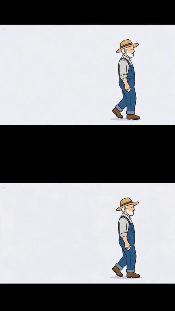 An elderly cartoon man with white beard, blue denim overalls, straw hat, brown boots. The camer…