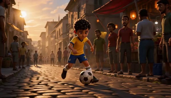 A curly-haired young boy in his exact yellow jersey and blue shorts, with the same worn black-a…