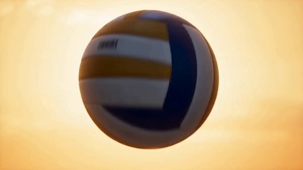 Create a 15-second cinematic high-altitude volleyball action video with a strong first-second h…