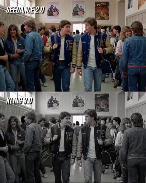 an 80s teen-movie hallway standoff, two students nose to nose, the crowd closing in. prompt example