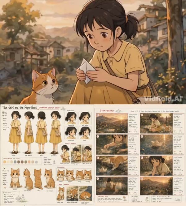 TITLE The Girl and the Paper Boat REFERENCE Use the uploaded storyboard board and character sheet a… prompt example