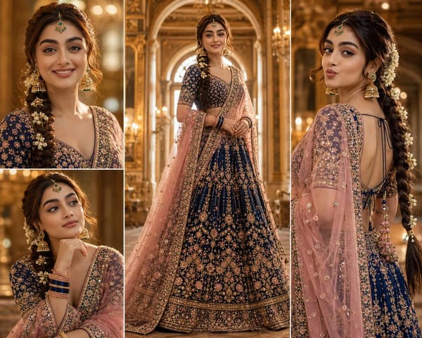Ultra-realistic cinematic royal portrait collage featuring the same young South Asian woman from th… prompt example