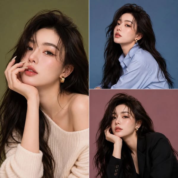 Ultra-detailed beauty portrait of a young Korean woman with flawless porcelain skin and long, s…