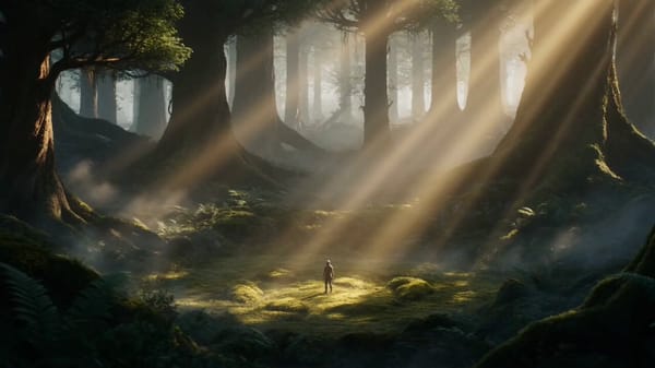 15-second ultra-cinematic fantasy transformation sequence deep within an ancient primordial for…