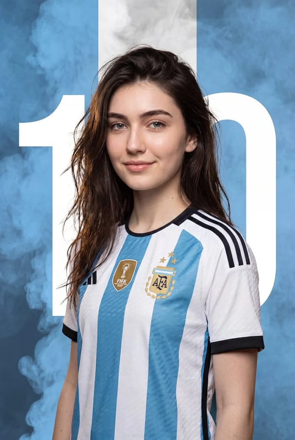 A mixed-media sports promotional poster featuring a realistic chest-up portrait of a young Argentin… prompt example