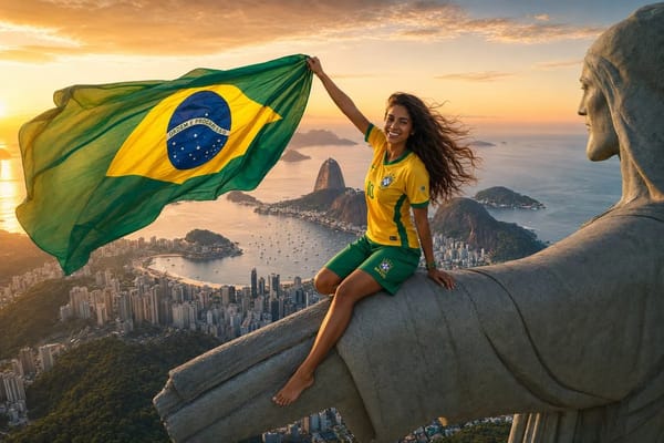 Young Brazilian football supporter with long wavy dark hair and a joyful expression, wearing a mode… prompt example