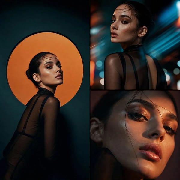 Cinematic hybrid fashion editorial combining studio and abstract street aesthetic in a 1:1 comp…