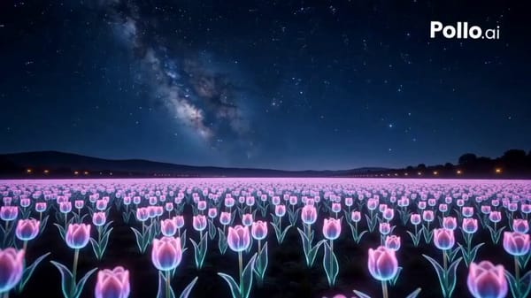 A sleek, glowing metallic UFO hovers silently over a vibrant, colorful field of blooming tulips…