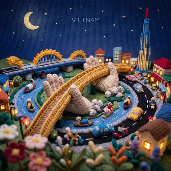 “Vertical composition, 1080x1080. A miniature [City] made entirely in knitted yarn-art style. I…