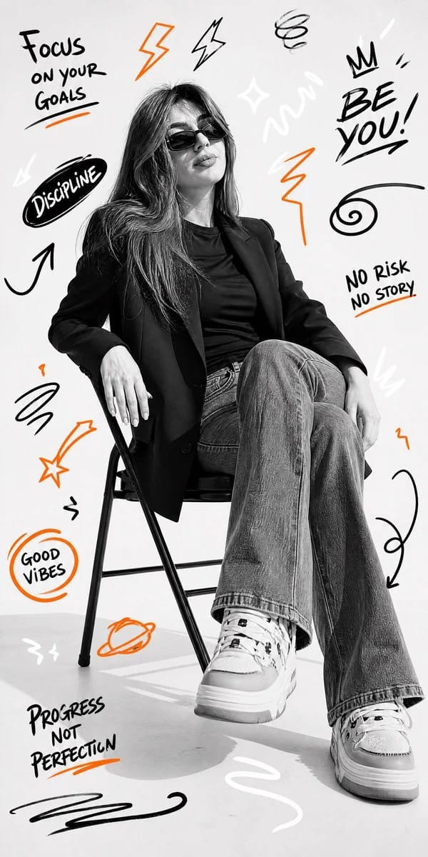 Ultra-realistic black and white studio portrait, person is sitting on a simple folding chair, w…