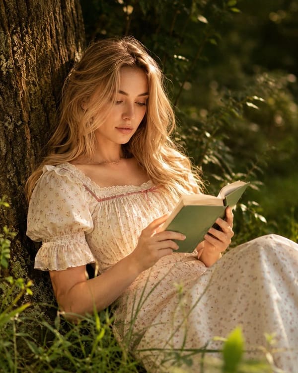 A dreamy cottagecore editorial portrait captured during golden hour in a peaceful woodland sett…