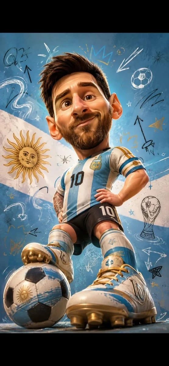 Full body caricature of a famous male football player with oversized head, exaggerated facial featu… prompt example