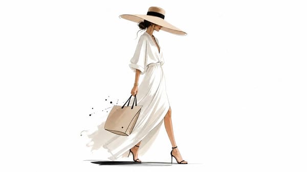Minimal luxury-fashion illustration of [Subject], delicate strokes, editorial sophistication, e…