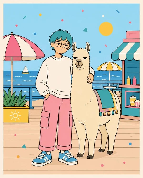 Cute minimalist pastel doodle illustration, kawaii character standing side-by-side with their adora… prompt example