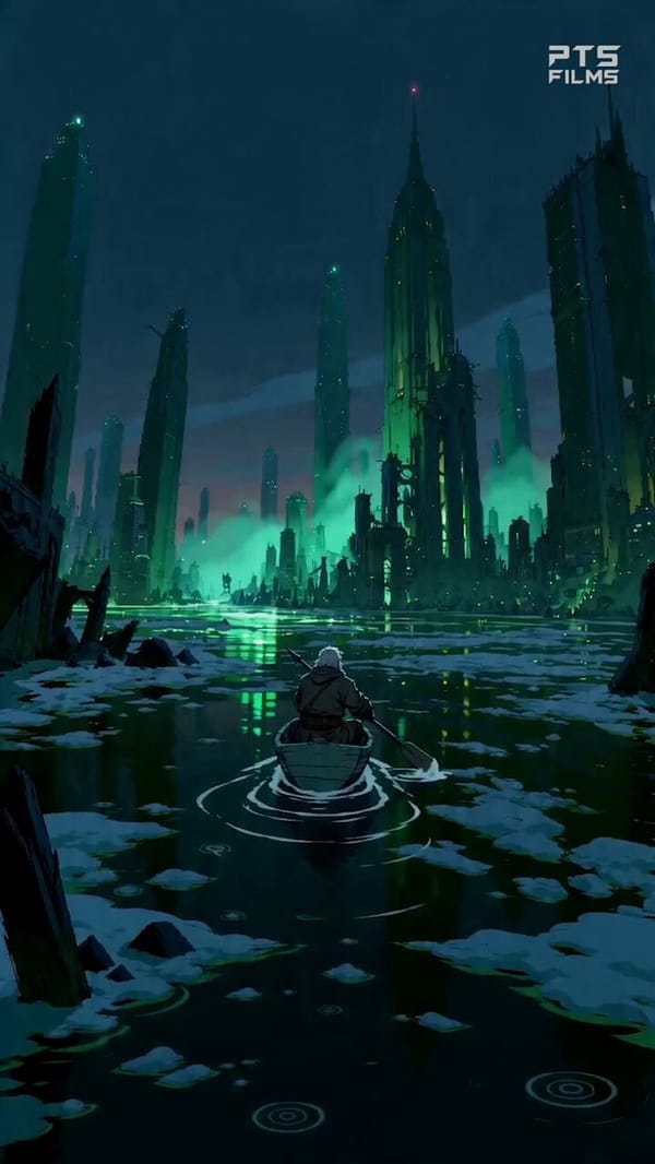 Upload order: @IMG_1 lone survivor, @IMG_2 rowboat, @IMG_3 whale, @IMG_4 drowned city. FORMAT: 15s… prompt example