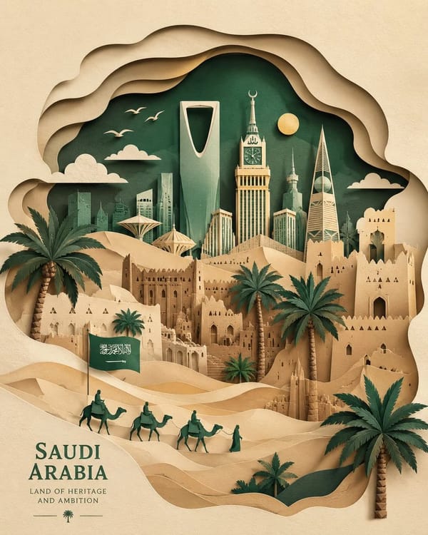 Saudi Arabia paper-cut illustration, layered paper art style, desert dunes, palm trees, traditional… prompt example