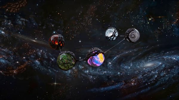 masterpiece, best quality, ultra-detailed, in-a dark cosmic universe there are five (5) floatin…