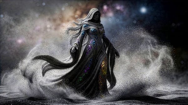 The ethereal woman made of swirling black and white sand particles, wearing a flowing hooded cl…