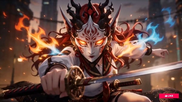 @ Image1 (character identity: long crimson hair single katana sheathed at hip, oni mask attache…