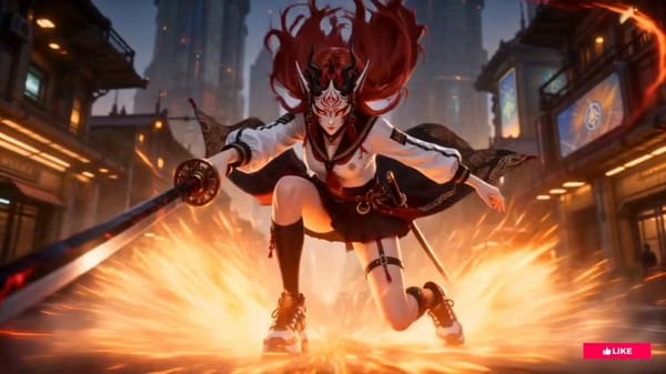 @ Image1 (character identity: long crimson hair single katana sheathed at hip, oni mask attache…