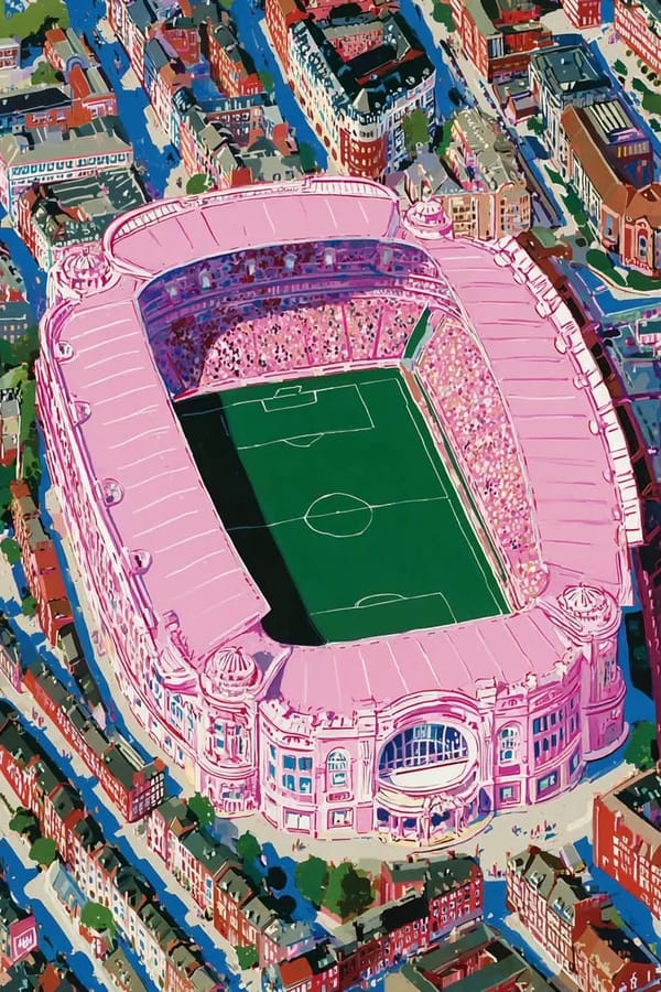 Dreamlike football-inspired surrealist illustration, massive pink football stadium rising above a c… prompt example
