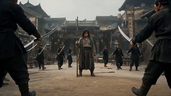 只参考镜头顺序、人物调度、动作逻辑、场景关系和高潮推进；不要保留分镜格子、编号、标题、中文文字和边框。10–12 秒，快、准、利，不拖沓。前半段先立人物和竹棒特色，中段连续反打，后半段进入群…