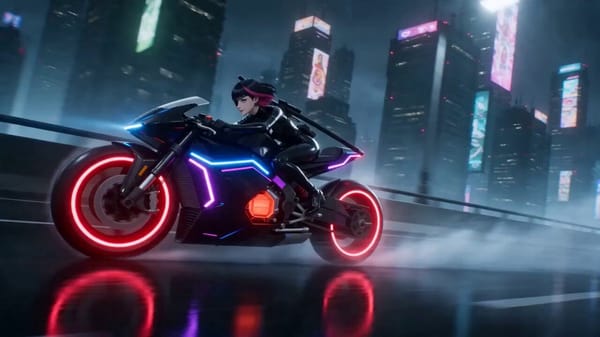 スタイル:日本の作画枚数の多いアニメ。アクション映画の技法を使ったアニメ映画。アクションシーン。 世界観:画像1のキャラクターが画像3のバイクに乗りサイバーパンクな世界感のハイウェイで画像2…